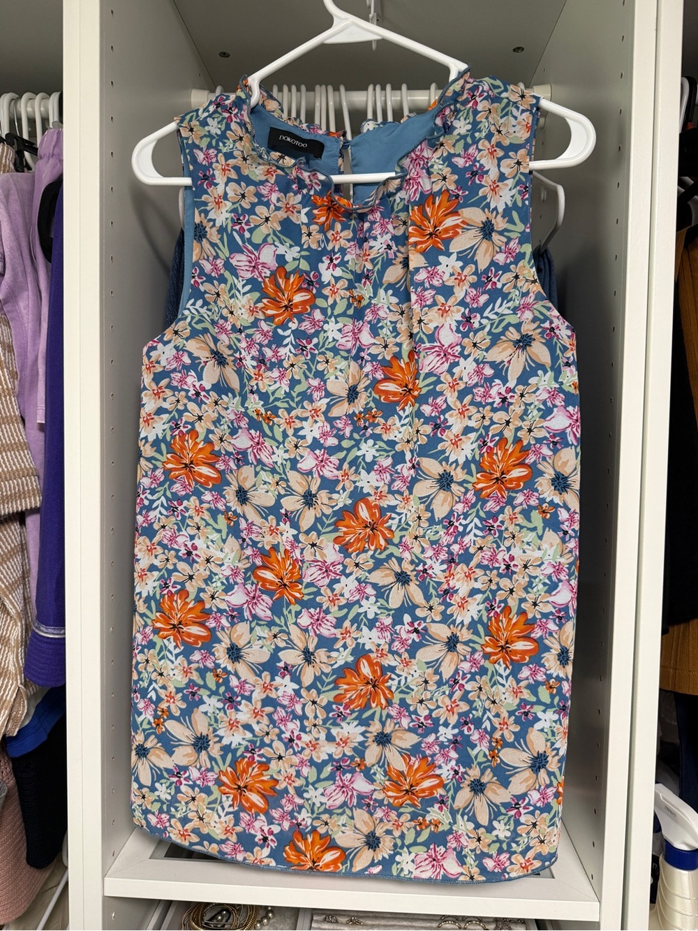 Floral Sleeveless Shell in Blue with Orange, Pink Blooms